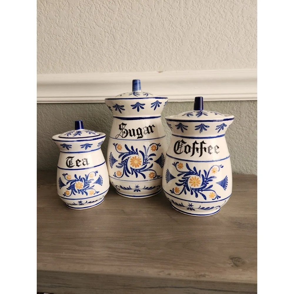 Royal Sealy Heritage Kitchen Canister Set+Lids 3 Pc 1950s Coffee Tea Sugar READ